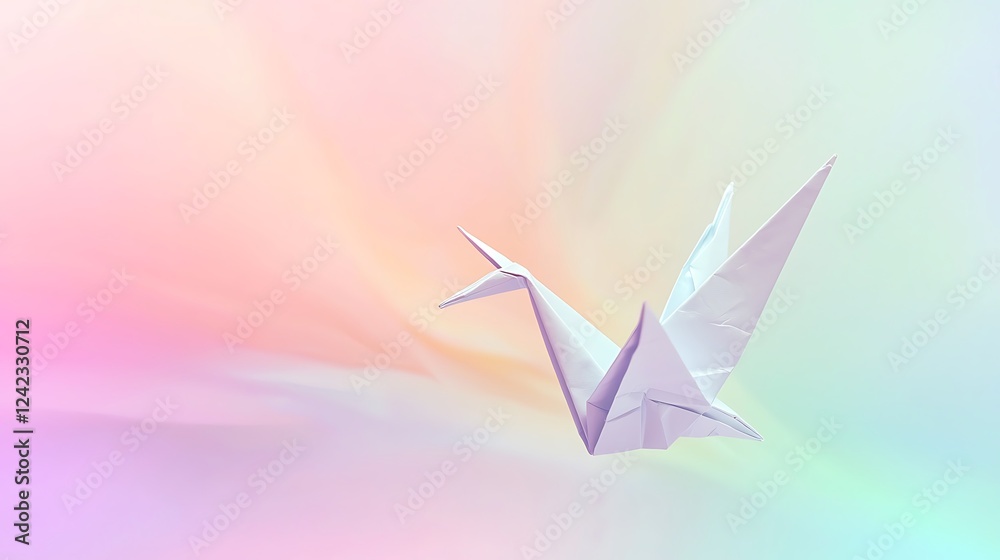 A white origami bird is flying in a colorful background