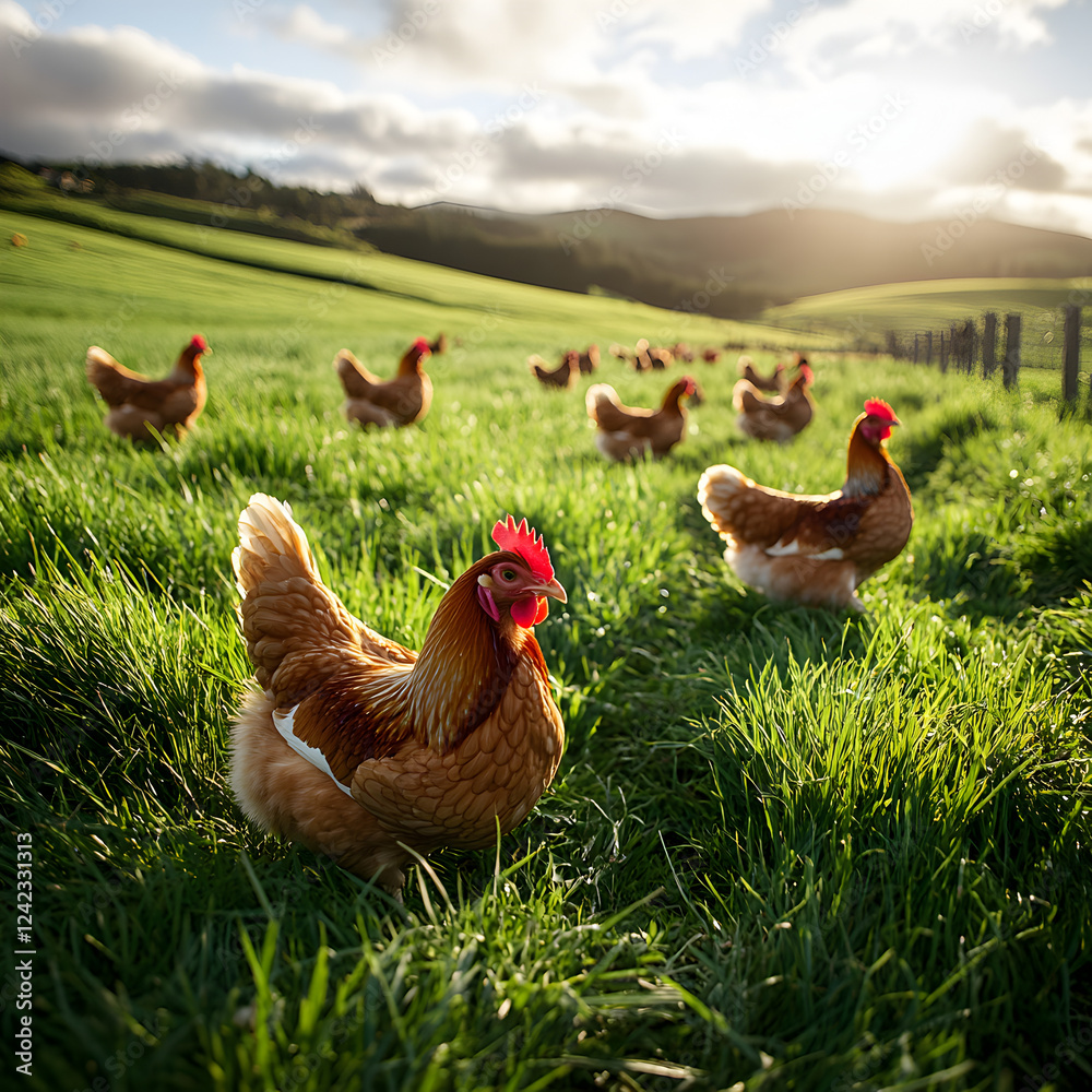 Fototapeta premium Free Range Chickens Sunset Pasture Idyllic Farm