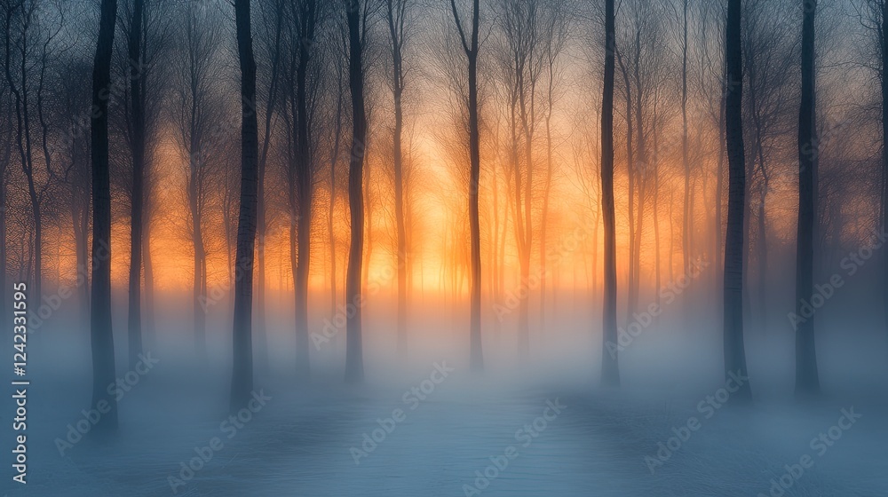 A twilight abstract forest with glowing, misty paths and softly blurred trees A twilight abstract forest with glowing, misty paths and softly blurred trees