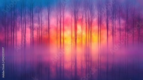 A twilight abstract forest with glowing, misty paths and softly blurred trees
