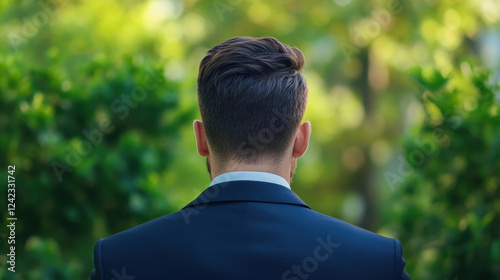 confident man in suit stands with his back to camera, surrounded by greenery, exuding sense of calm and determination