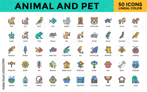Animal and Pet icon set with dog, cat, bird, fish, rabbit, hamster, guinea pig, turtle, horse, pony, snake, lizard, frog, mouse icon. Simple lineal color vector 
