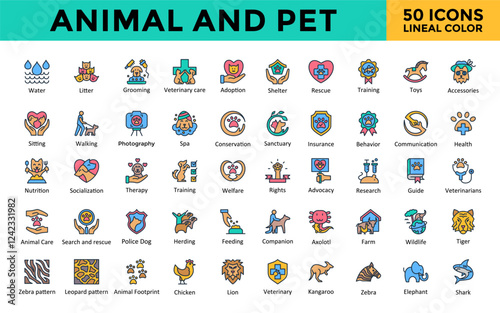 Animal and Pet icon set with food, water, litter ,grooming ,veterinary care, adoption, shelter, rescue, training, toys, accessories icon. Simple lineal color vector 
