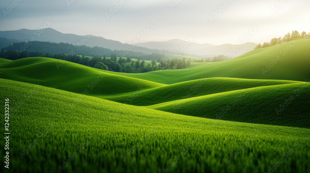 Lush green rolling hills create serene landscape, showcasing nature beauty and tranquility. gentle curves and vibrant colors evoke sense of peace and harmony Lush green rolling hills create serene landscape, showcasing nature beauty and tranquility. gentle curves and vibrant colors evoke sense of peace and harmony