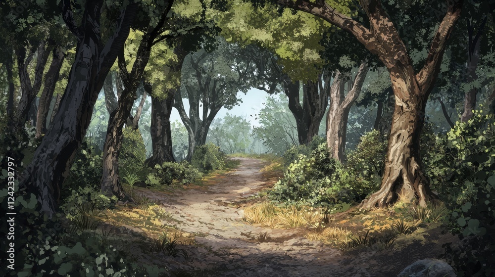 Serene Forest Pathway with Lush Greenery and Sunlight Filtering Through Dense Trees Serene Forest Pathway with Lush Greenery and Sunlight Filtering Through Dense Trees