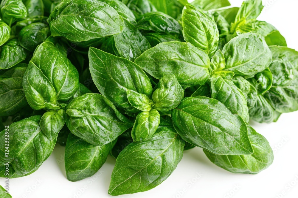 A bunch of vibrant green basil leaves, isolated on a white background, showcasing rich color, texture, and natural details. . A bunch of vibrant green basil leaves, isolated on a white background, showcasing rich color, texture, and natural details. .
