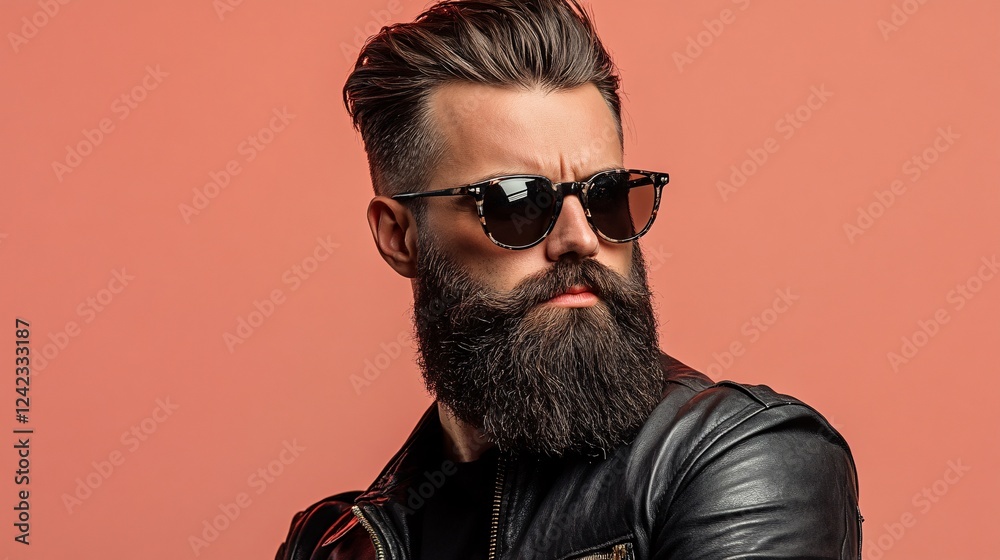 Obraz premium Portrait of a confident bearded biker wearing sunglasses and a leather jacket