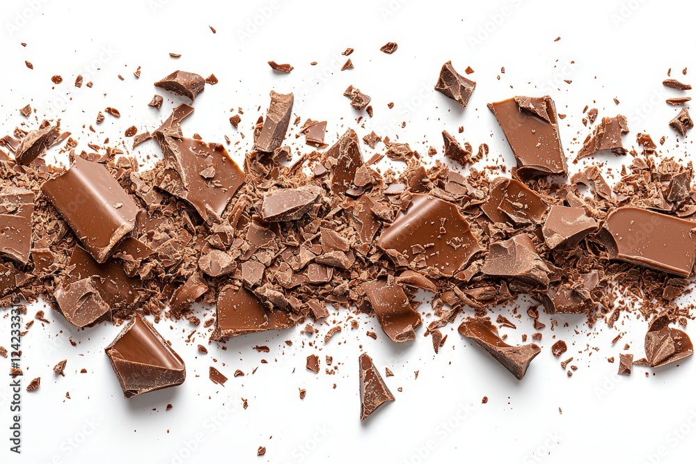 Fototapeta premium Chocolate bar broken into several pieces, isolated on a clean white background, highlighting its rich texture and smooth surface. .