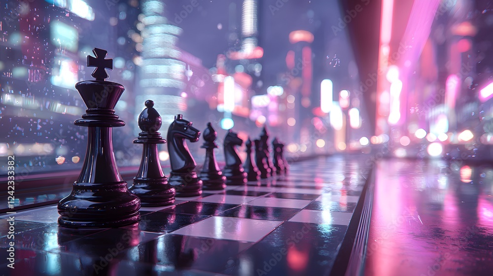Strategic Chess Match in Neon City Digital Art Cyberpunk Environment Night View Strategic Chess Match in Neon City Digital Art Cyberpunk Environment Night View