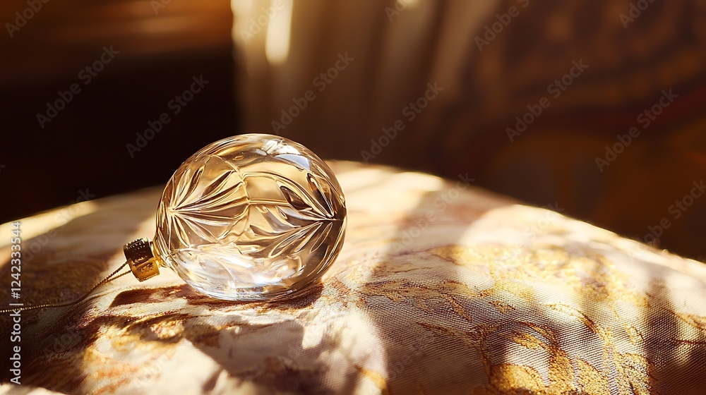 A clear glass ornament sits on a cushion A clear glass ornament sits on a cushion