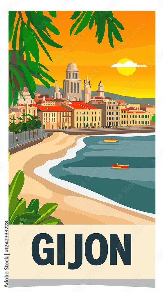 Fototapeta premium Scenic digital illustration of Gijón, Spain, featuring San Lorenzo Beach, historic waterfront buildings, and gentle waves under a warm sunset sky. .