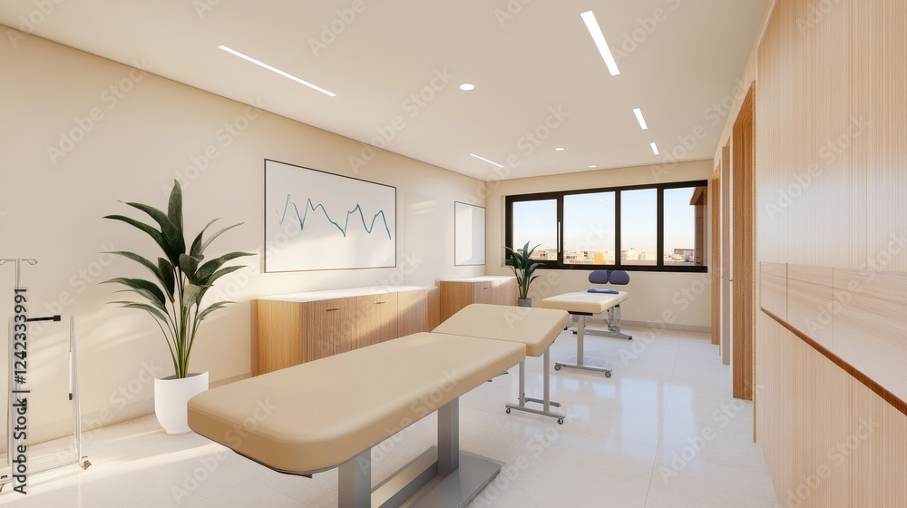 Fototapeta premium Modern healthcare clinic interior featuring treatment table, plant, and a bright window view