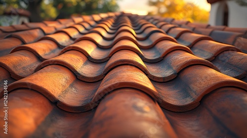 Clay roof tiles pattern stretches, blurred trees background, sunset glow, architecture