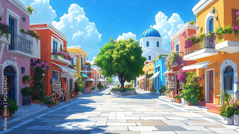 Fototapeta premium Sunny Mediterranean street scene, vibrant buildings, church background, idyllic travel poster