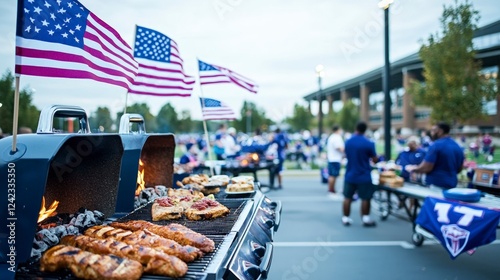 Tailgating Party  Grilling Food  American Flags  Fans