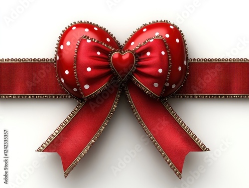 Red bow with dots and heart, on flat surface, with shadows, for gift wrapping