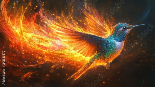 Fiery hummingbird in flight, flames, wings.