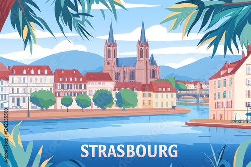 Picturesque digital illustration of Strasbourg, France, featuring charming half-timbered houses, the Cathedral of Strasbourg, and the scenic canals of La Petite France in warm pastel tones.  .