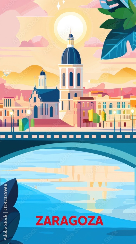 Fototapeta premium Beautiful digital illustration of Zaragoza, Spain, featuring the Basilica del Pilar against a twilight sky, with the Ebro River reflecting city lights, bridges, and colorful buildings. .