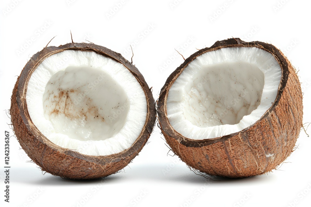 A tropical coconut cut in half, showcasing its rough brown shell and fresh white flesh, isolated on a white background for a clean and detailed look. . A tropical coconut cut in half, showcasing its rough brown shell and fresh white flesh, isolated on a white background for a clean and detailed look. .