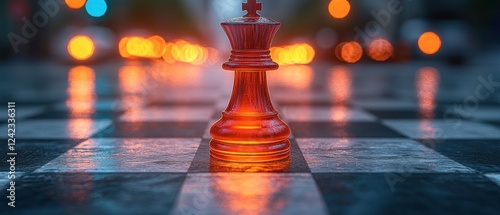 Glowing red king chess piece on wet board with blurry city lights backdrop