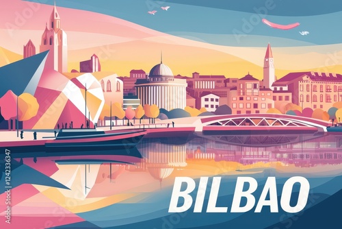 Modern digital illustration of Bilbao, Spain, featuring the iconic Guggenheim Museum, the Nervión River, and vibrant city architecture with reflections of bridges and buildings.  . photo