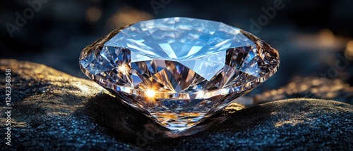 Cut diamond shines on dark rock, sparkles in background, jewelry ad