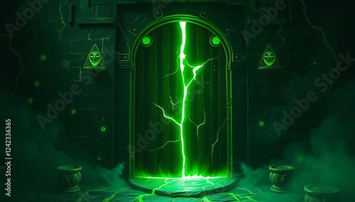 Haunted Obsidian Portal with Pulsing Green Runes – A fractured black stone door, glowing with eerie energy, releasing a ghostly mist filled with lost voices