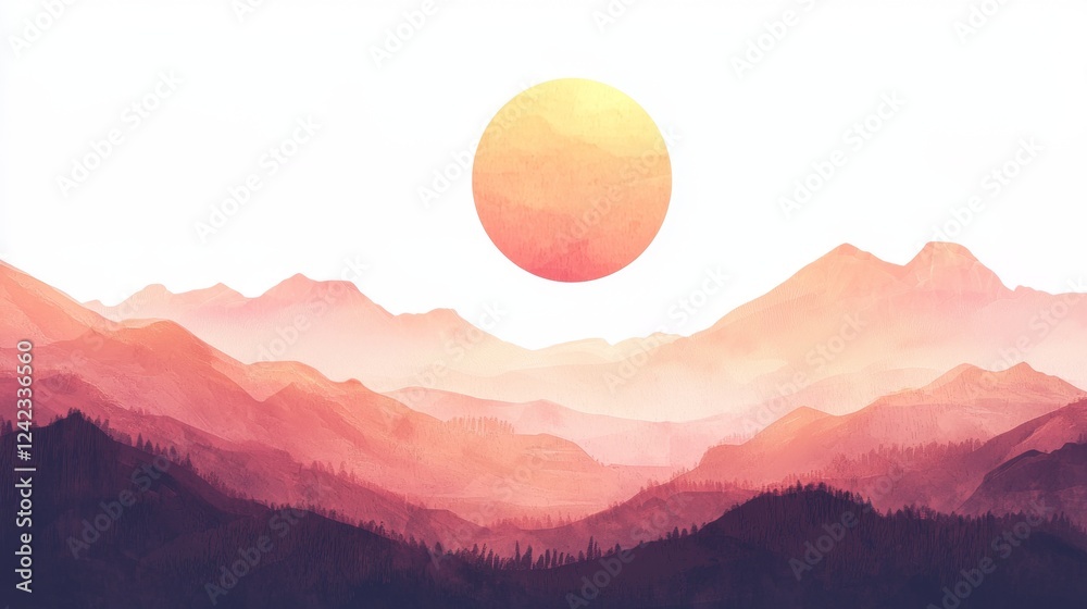 Fototapeta premium Serene Sunset Over Misty Mountains with Warm Hues and Soft Gradients in a Tranquil Landscape Scene