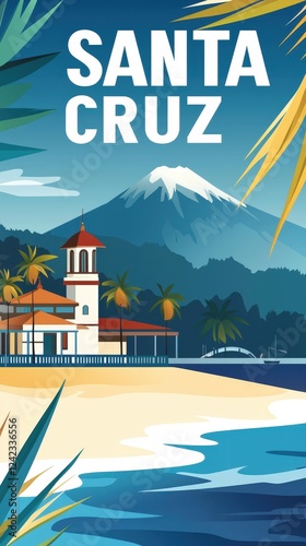 Vibrant digital illustration of Santa Cruz de Tenerife, Spain, featuring the Auditorio de Tenerife, golden sandy beaches, and Mount Teide in the background under a tropical sky.  . photo