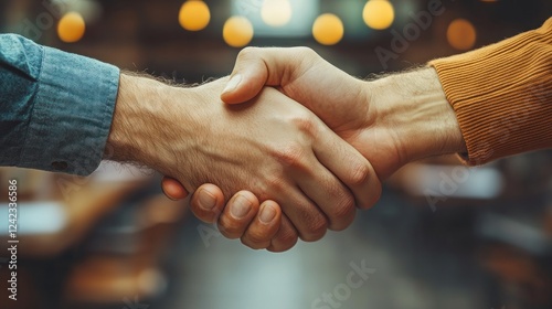 Handshake in a cafe with blurry lights for business, partnership, agreements