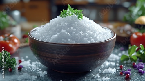 Salt pile in bowl, with veggies blurred in background, for food prep visuals