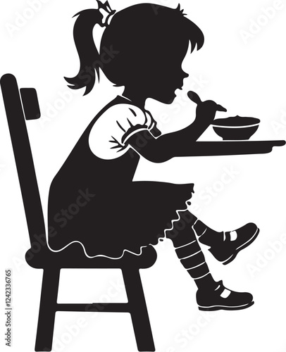 Cartoon illustration of a girl holding a cup of tea or coffee eating food while sitting on chair