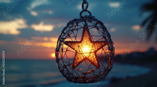 Star light hangs over sea, sunset on horizon, for celebration and decoration