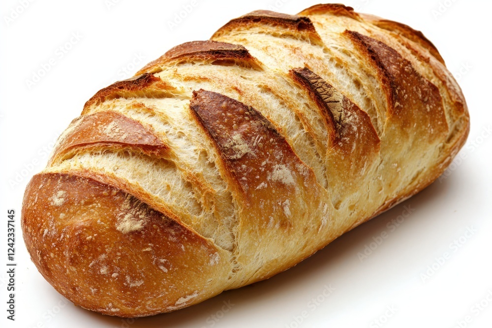 A classic artisan-style loaf of crusty bread, isolated on a white background, showcasing its golden-brown crust, rustic texture, and soft interior.
A classic artisan-style loaf of crusty bread, isolated on a white background, showcasing its golden-brown crust, rustic texture, and soft interior.