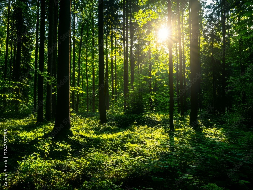 Naklejka premium Explore the Tranquility of a Sunlit Forest