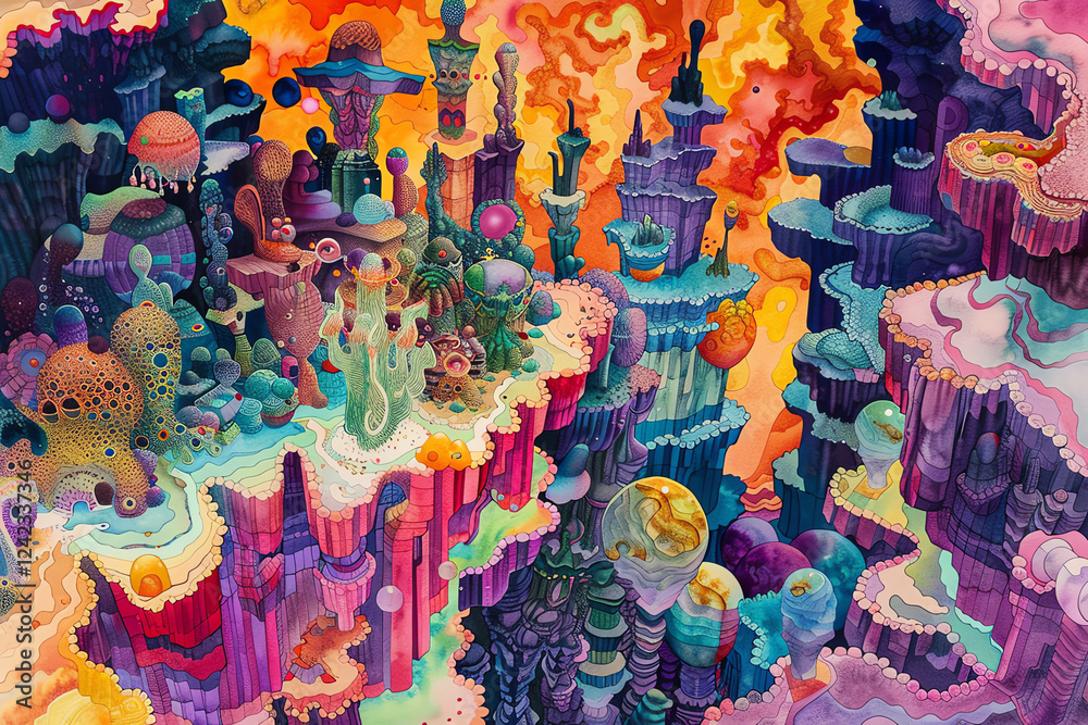 Fototapeta premium Capture the intricate details of a utopian dreamscape from a birds-eye view in vibrant, dreamy watercolor medium