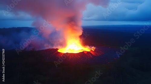 Dramatic Volcanic Eruption Spewing Fiery Lava and Billowing Smoke at Night in Scenic Landscape photo