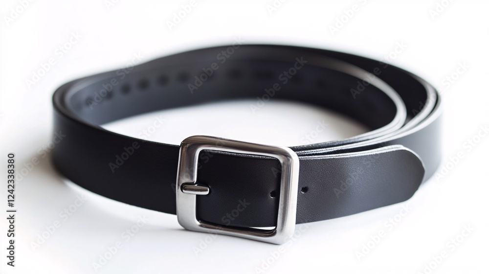 Black leather belt with metal buckle on white background Black leather belt with metal buckle on white background