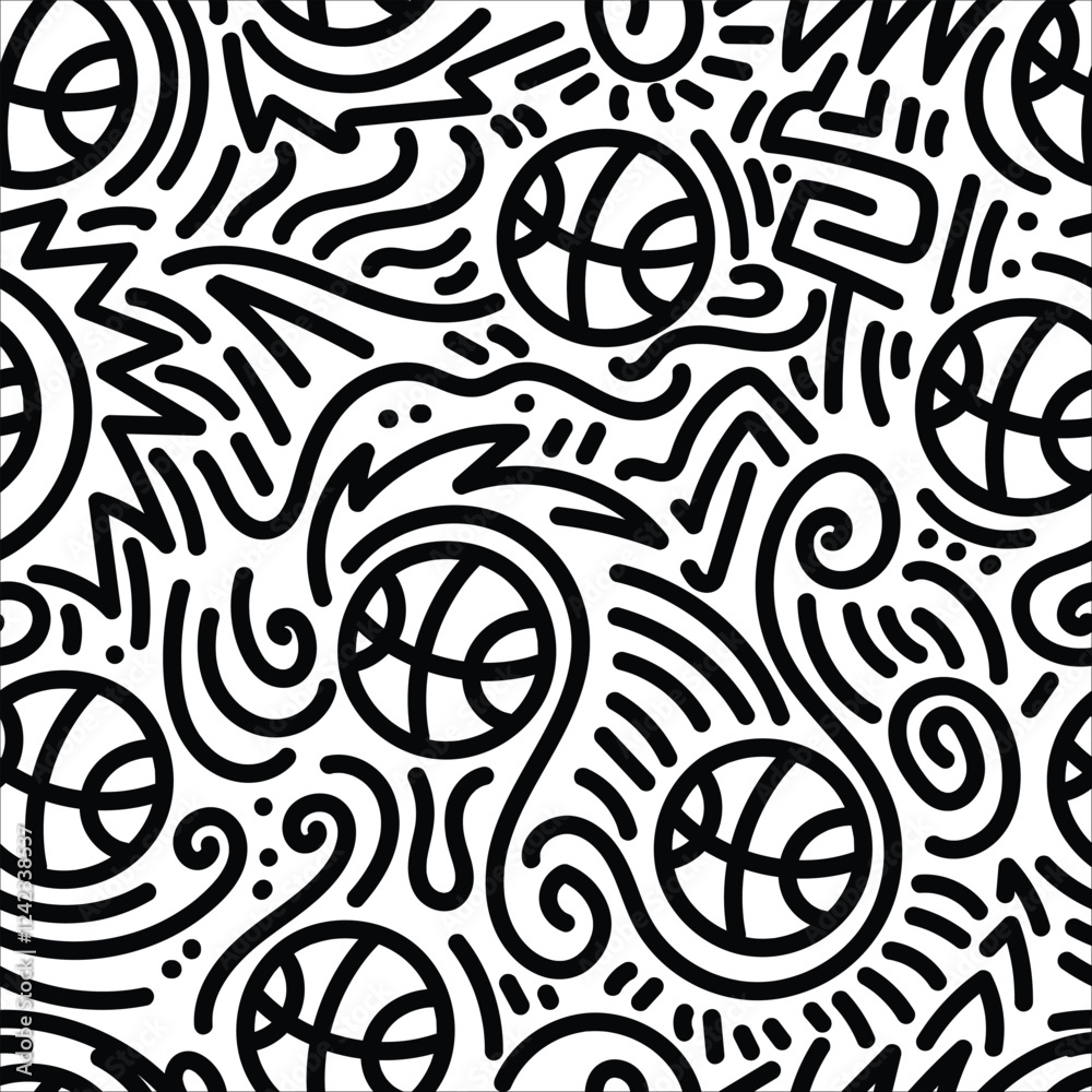 Black and white basketball doodle. Hand drawn illustration for sticker, postcard, wallpaper, mural, fabric, prints, etc
