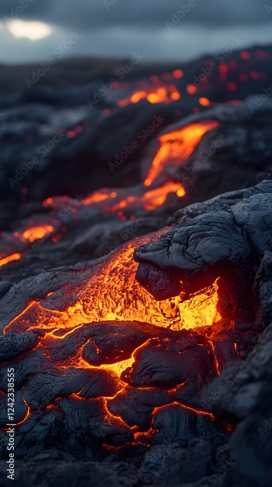 Intense Volcanic Eruption with Glowing Molten Lava Flows Down Rugged Mountainous Terrain Intense Volcanic Eruption with Glowing Molten Lava Flows Down Rugged Mountainous Terrain