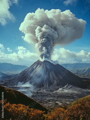 Dramatic Erupting Volcano Spewing Smoke and Ash Against Blue Sky photo