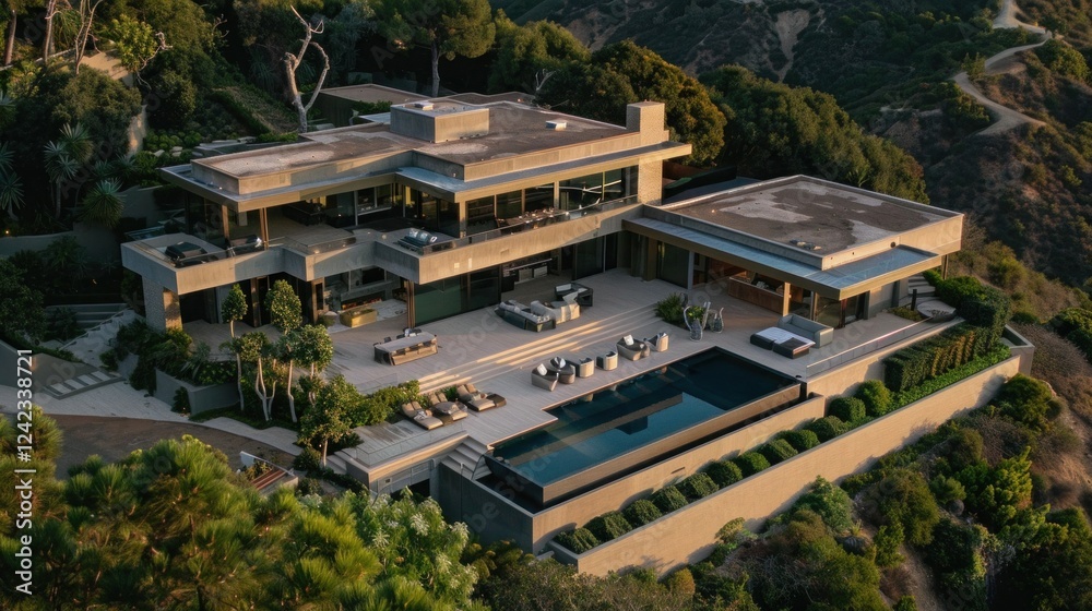 aerial corner view of a mansion located in malibu. Thick concrete elements. aerial corner view of a mansion located in malibu. Thick concrete elements.