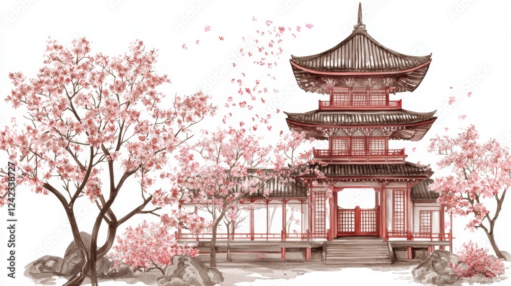 Obraz premium Traditional Asian Architecture with Cherry Blossoms and Serene Landscape in Soft Pastel Colors