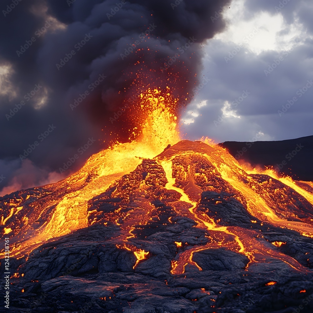 Scorching Eruption of Fiery Volcano Spewing Molten Lava and Ash in Dramatic Geological Landscape Scorching Eruption of Fiery Volcano Spewing Molten Lava and Ash in Dramatic Geological Landscape