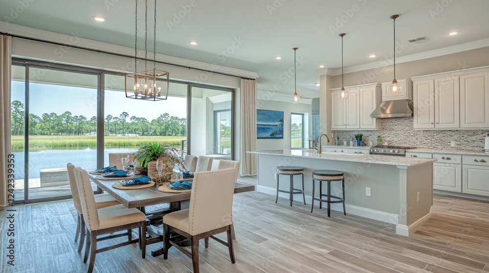 Fototapeta premium Modern dining area with kitchen island, large windows overlooking waterfront.