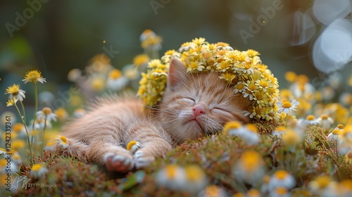 un chat grognon, mauvais chasseur, avec une souris sur la tÃªte - fond uni jaune  HD 8K wallpaper Photographic Image