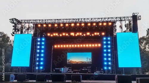 Large outdoor stage with LED screens and bright blue lighting set up for an open-air concert event during the daytime. Enhancing the vibrant festival atmosphere with an energetic and celebratory mood