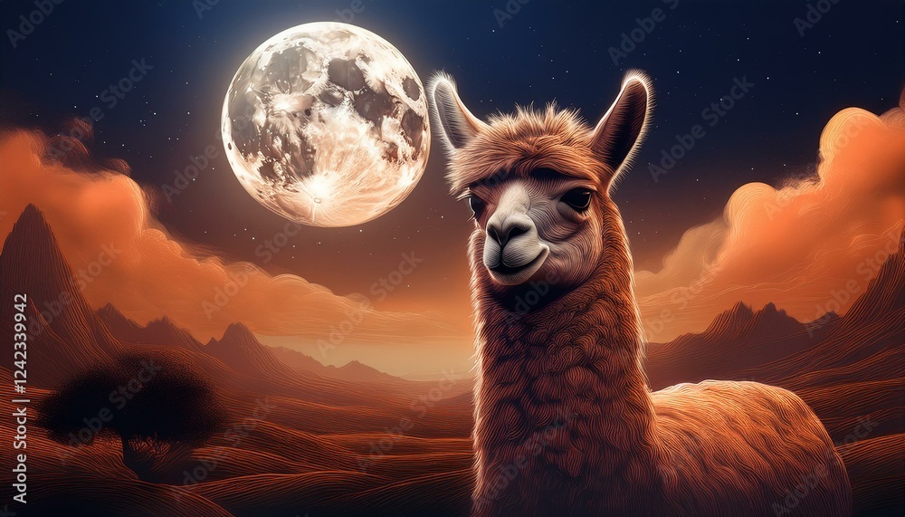 Fototapeta premium Llama in a brown dreamy mood with the big full moon 78629.jpg