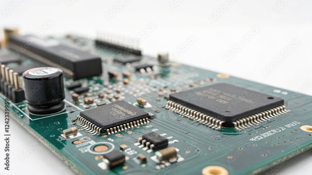Long Exposure of a Microcircuit Isolated on a White Background, Close-Up View of Electronic Components, Circuit Board Details, Technology and Innovation Visuals Long Exposure of a Microcircuit Isolated on a White Background, Close-Up View of Electronic Components, Circuit Board Details, Technology and Innovation Visuals